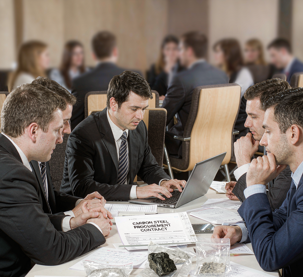 Procurement meeting reviewing carbon steel samples and contract