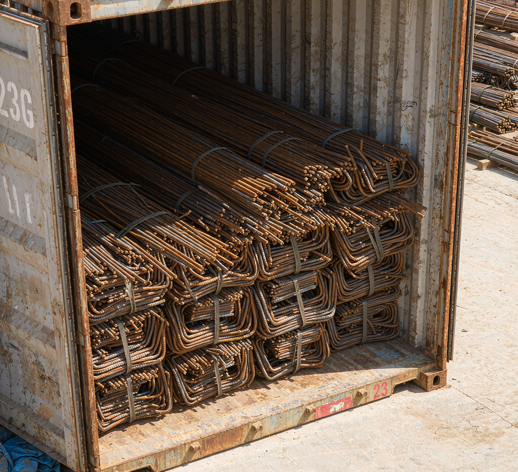 Deformed rebar bundles loaded into shipping container for export
