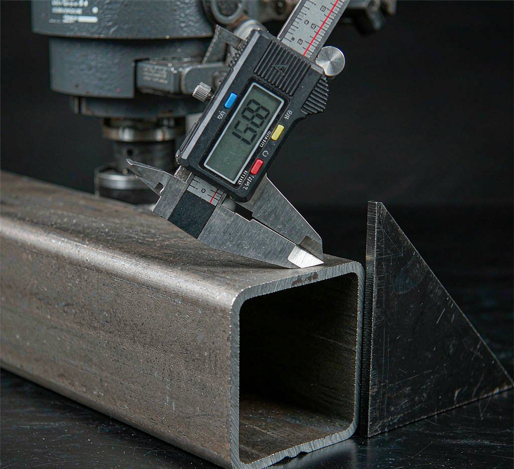 Measuring carbon steel rectangular tube dimensions with caliper