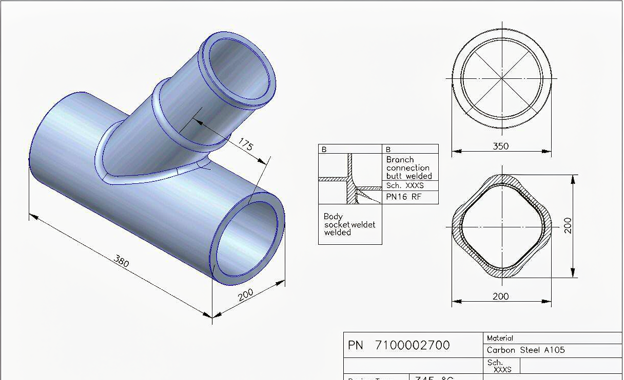 Technical drawing of carbon steel reducing tee showing run branch and centre-to-end dimensions