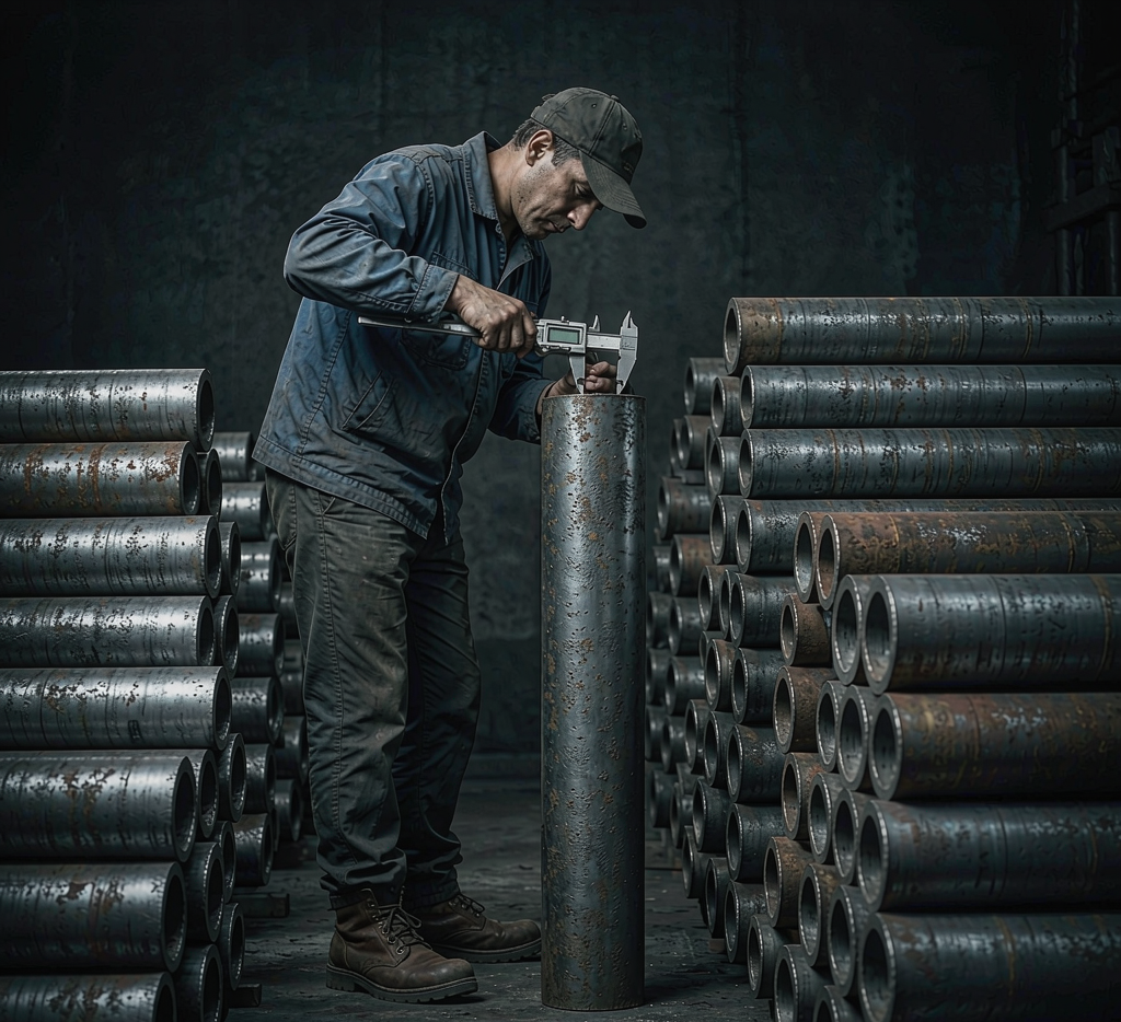 Quality inspector measuring carbon steel round bar diameter