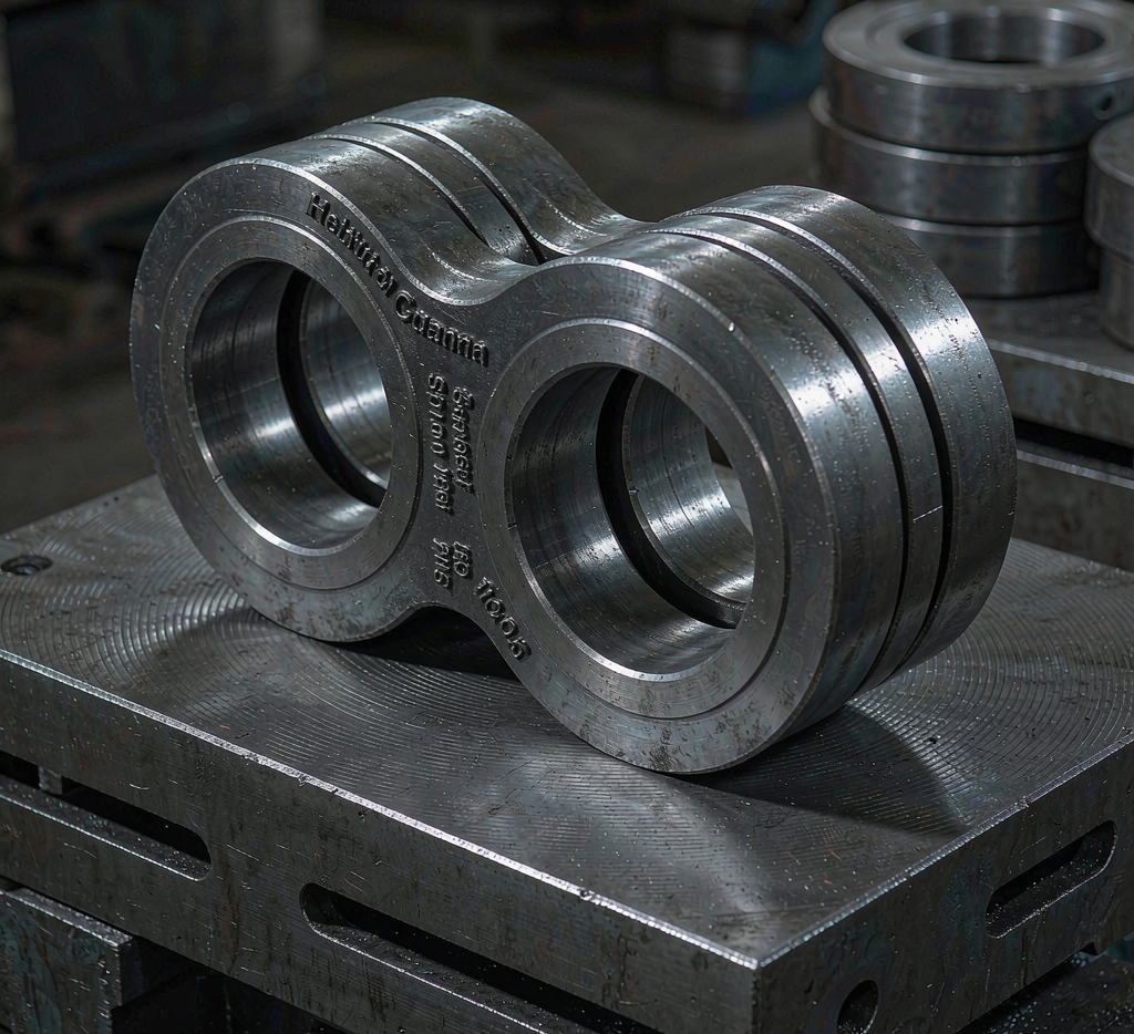 Carbon steel spectacle blind flanges stacked in factory