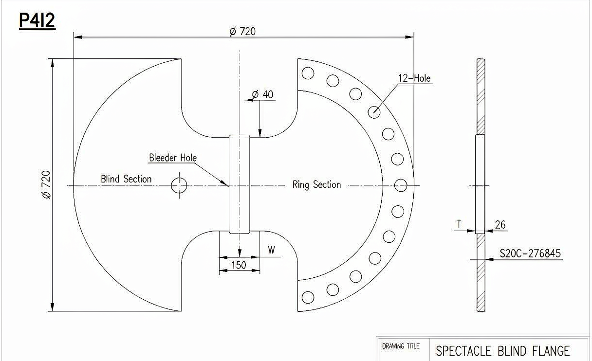 Spectacle blind ASME B16.48 dimensional diagram ring and blind section