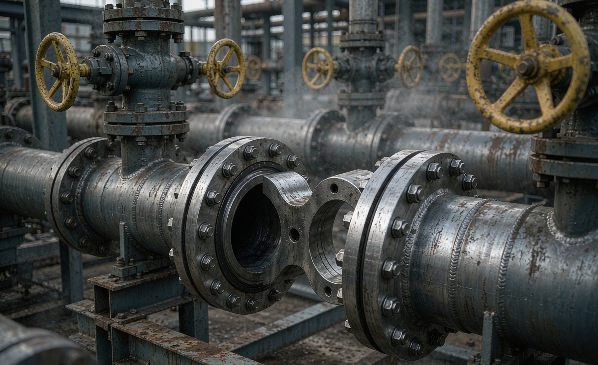 Spectacle blind installed between two carbon steel flanges for line isolation