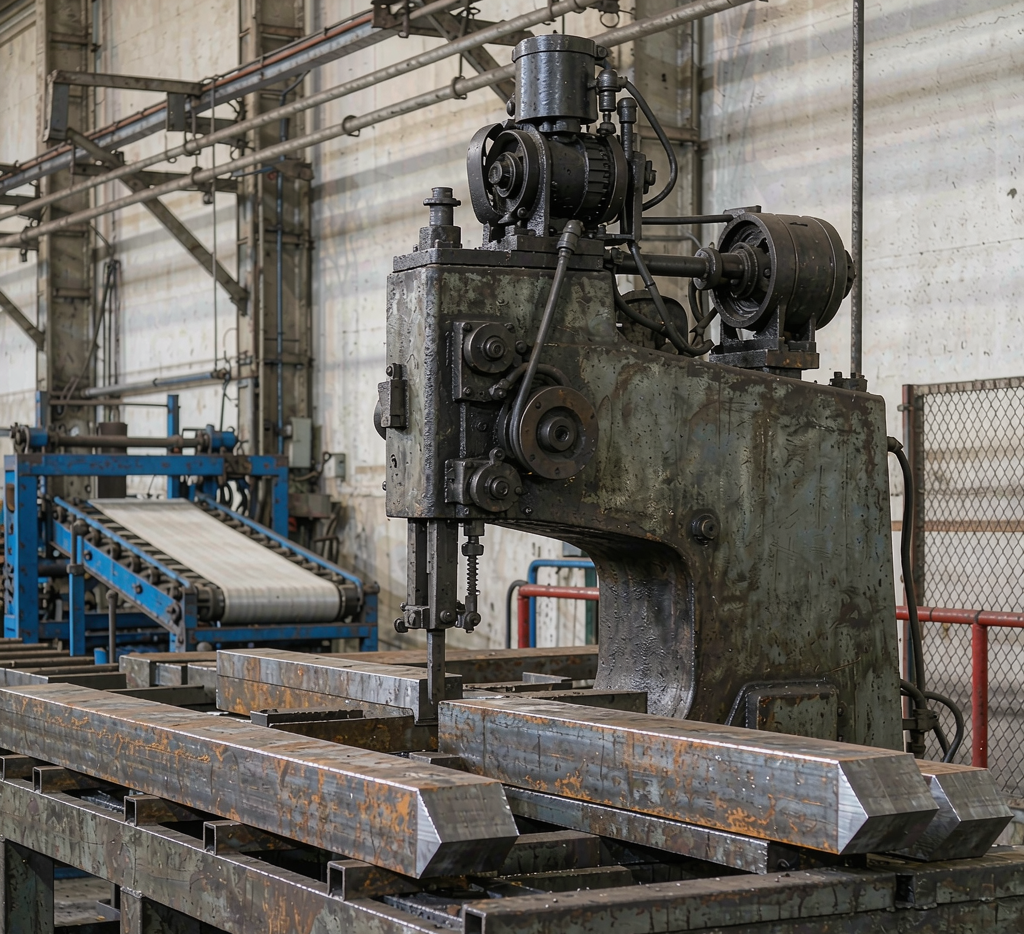 Carbon steel square bars being cut to length with industrial bandsaw