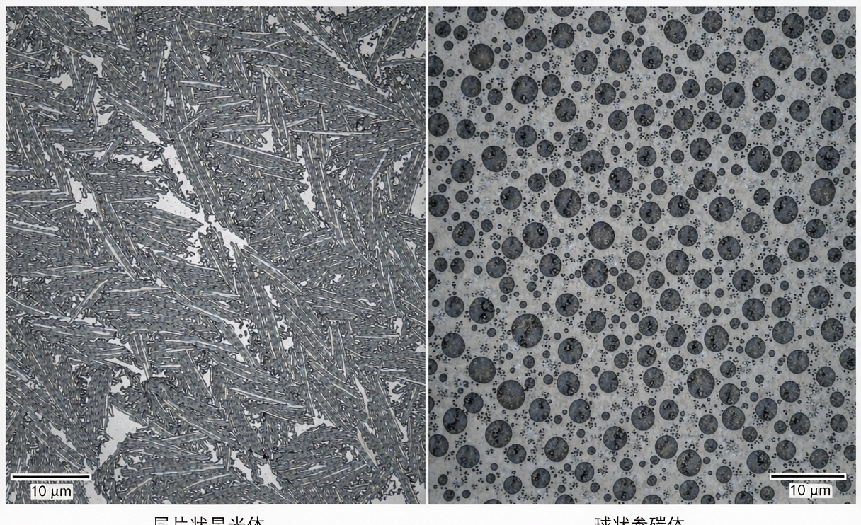 Microstructure comparison of lamellar pearlite versus spheroidized cementite in carbon steel