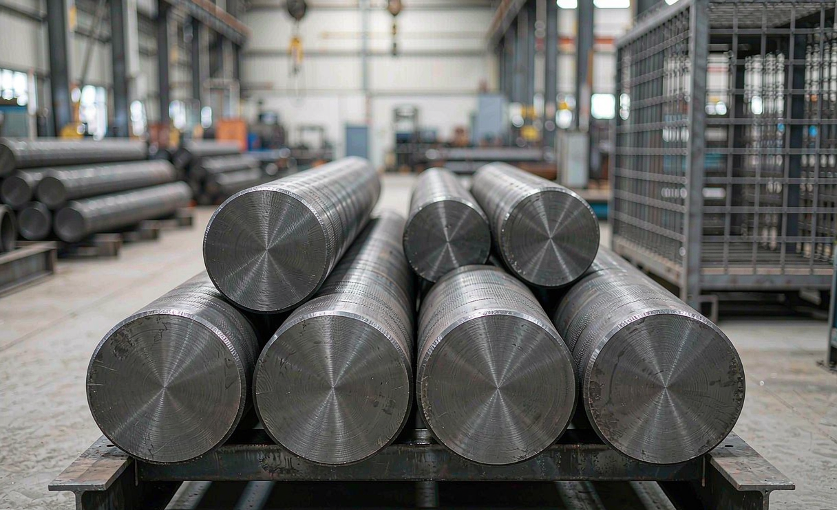 Spheroidized carbon steel bar stock ready for CNC machining in a factory