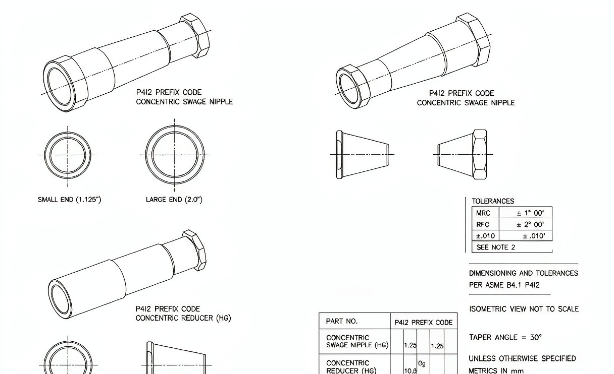 Technical drawing of concentric swage nipple showing taper angle and end dimensions