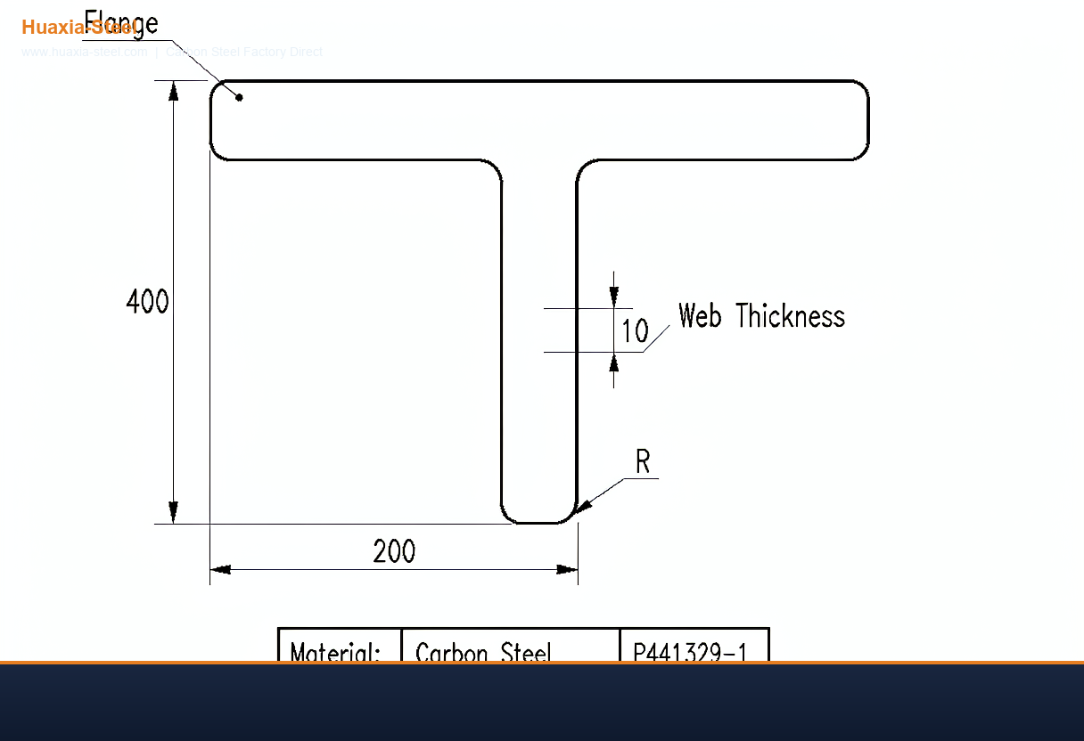 Carbon steel T-bar dimensional drawing with flange web and radius