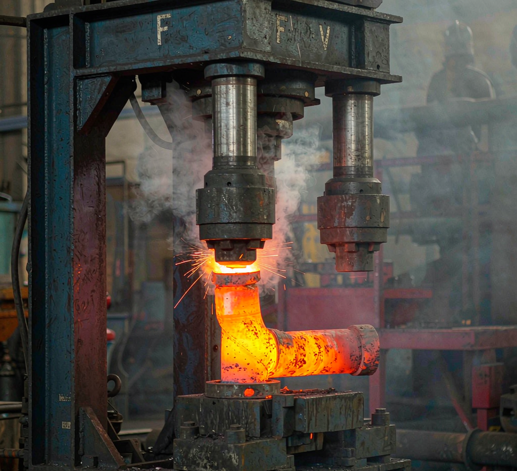 Hot pressing of carbon steel tee fitting in a forging press