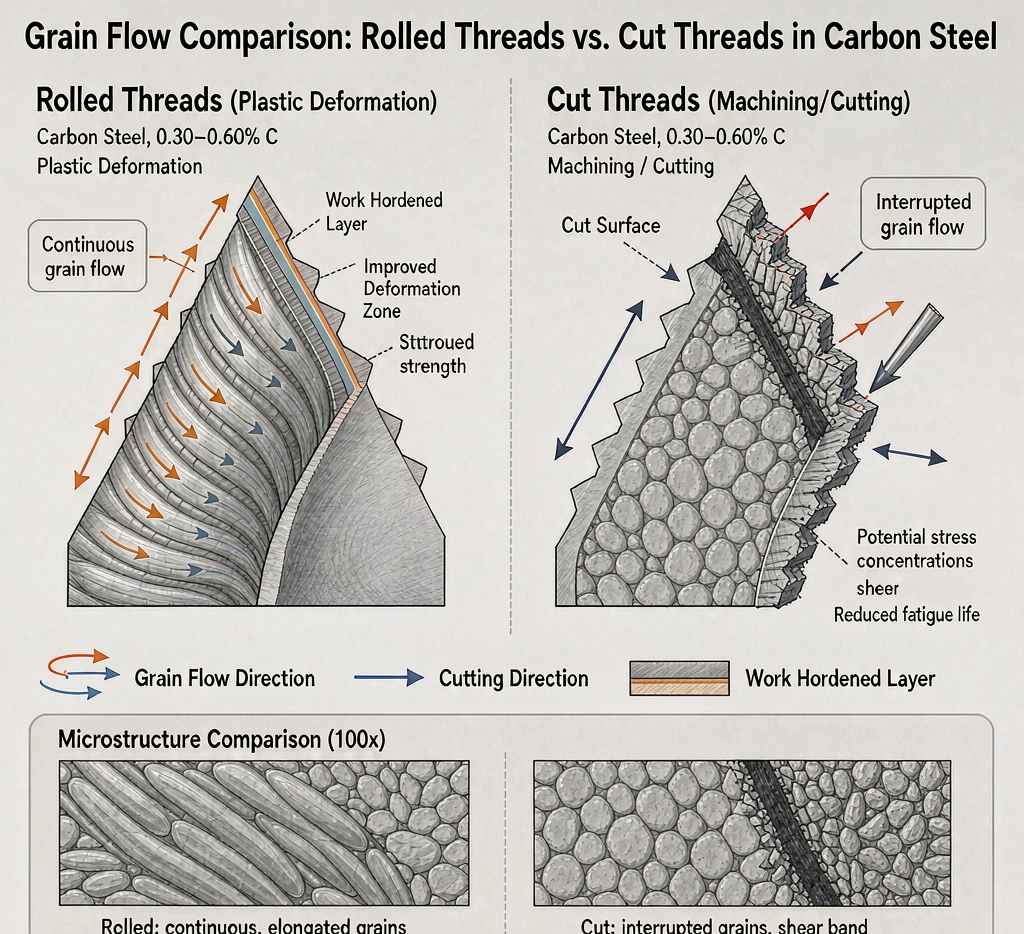 Comparison of grain flow in rolled vs cut threads on carbon steel