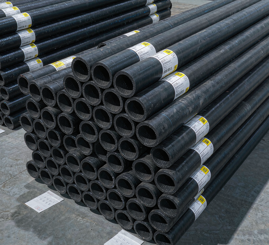 Stacked carbon steel welded pipes in a warehouse