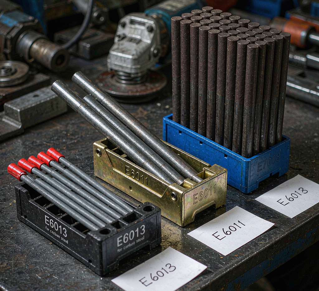 Carbon steel welding electrodes E6013 and E7018 on a workbench