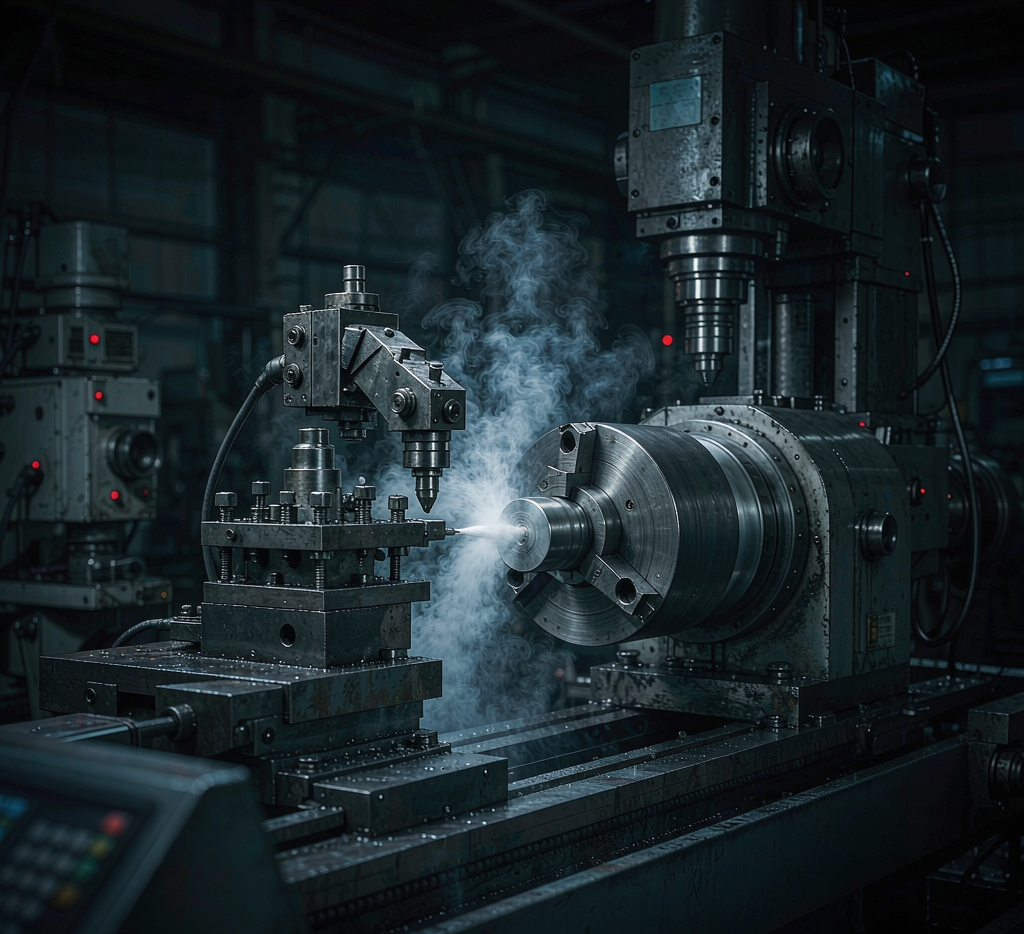 Machinist turning AISI 1045 carbon steel round bar on a CNC lathe