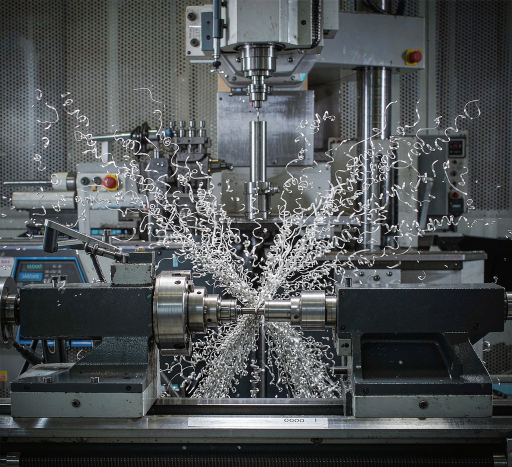 CNC machining C45 carbon steel shaft on lathe with metal chips flying