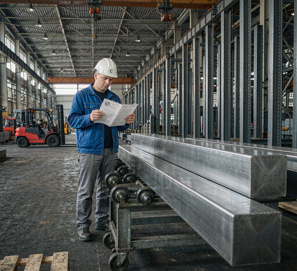 Quality inspector checking mill test certificate next to stacked C45 steel bars