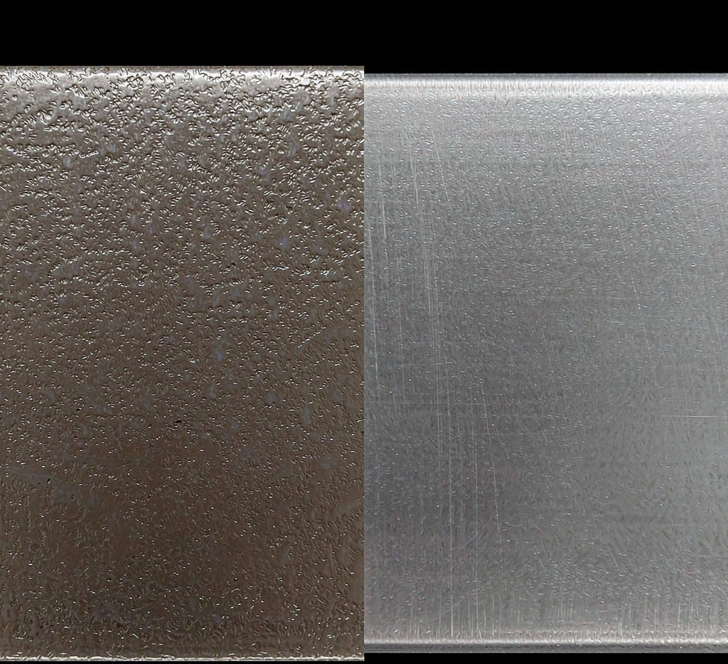 Close-up comparison of hot rolled rough surface and cold rolled smooth steel sheet