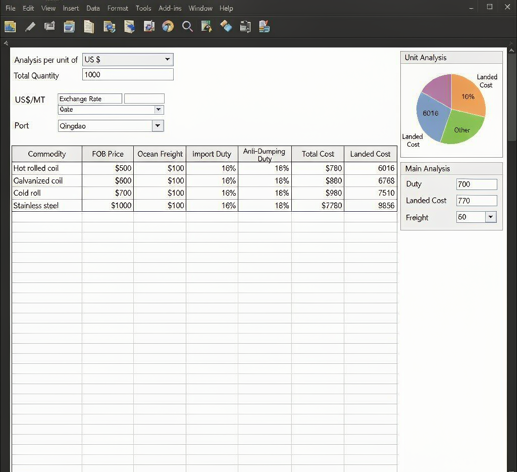 Landed cost calculation worksheet with anti-dumping duties for carbon steel