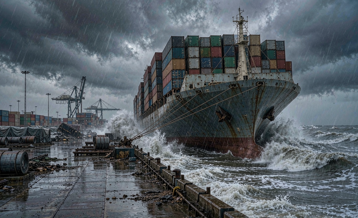Container ship stranded in port during extreme weather force majeure event