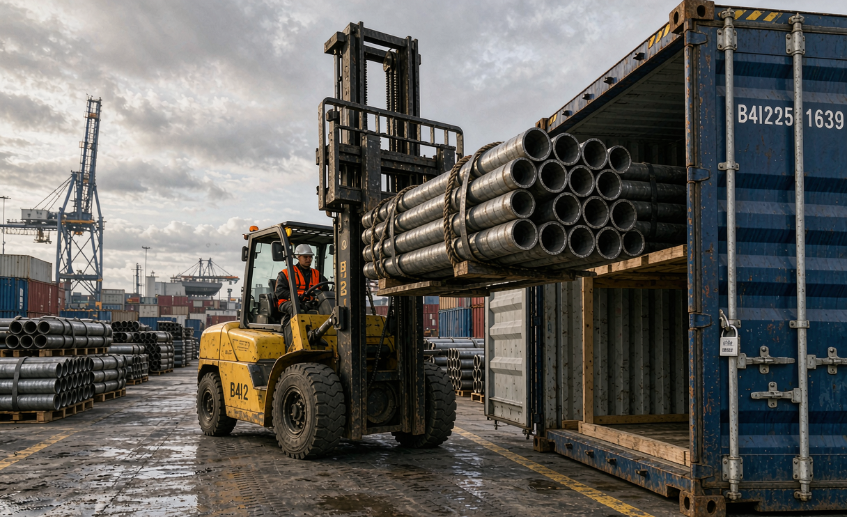 Carbon steel pipe mill loading containers for export shipment