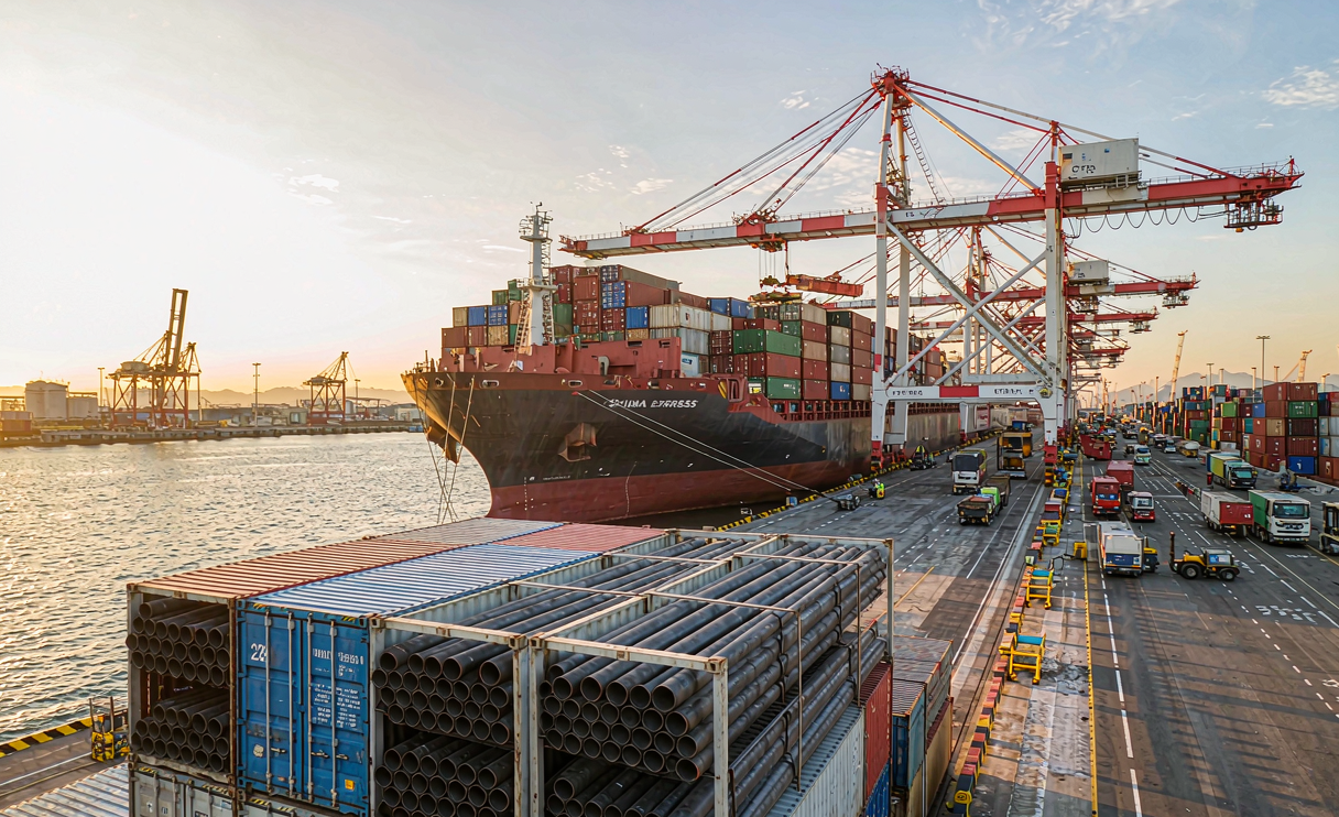Carbon steel shipping container loading at Chinese export port