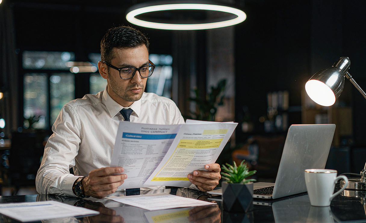 Procurement manager reviewing carbon steel contract price adjustment clause