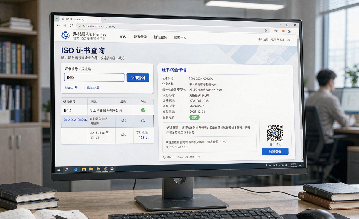 Online certificate verification portal on a computer screen for ISO 9001 audit