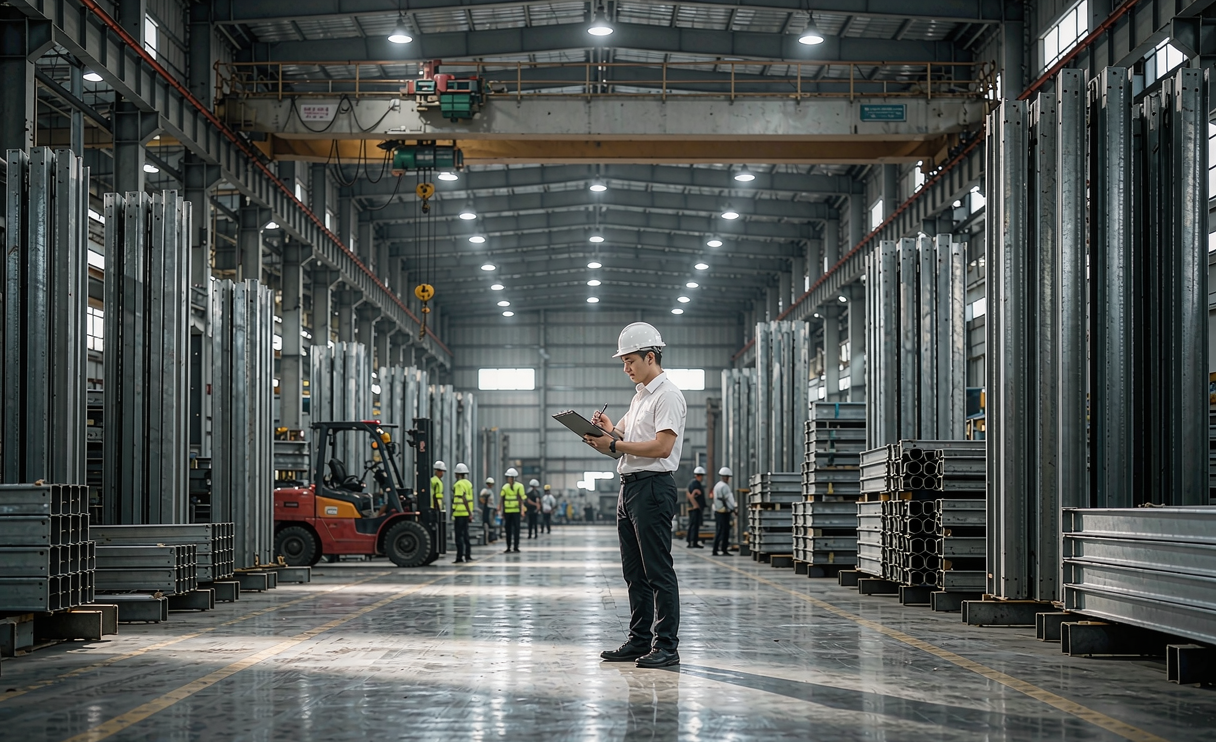 Third-party inspector conducting on-site mill audit at a carbon steel factory in China