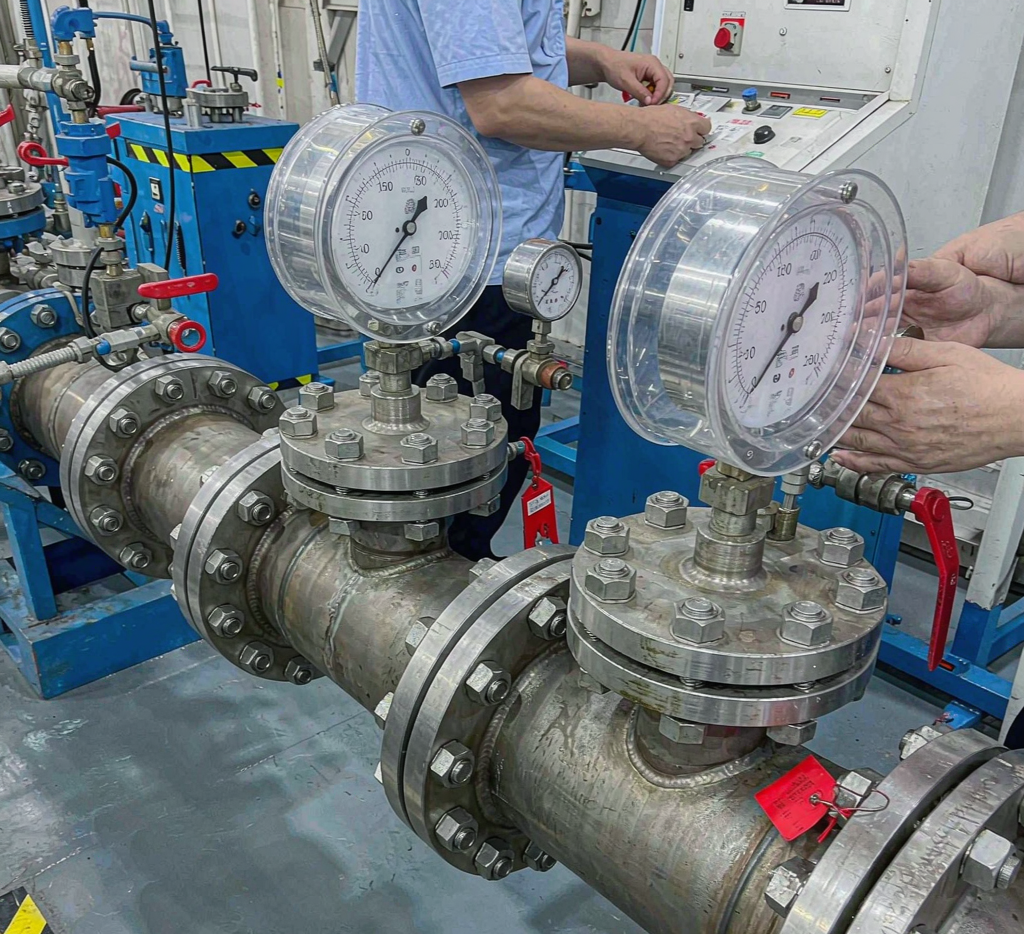 Pressure testing pipeline with spectacle blind isolation