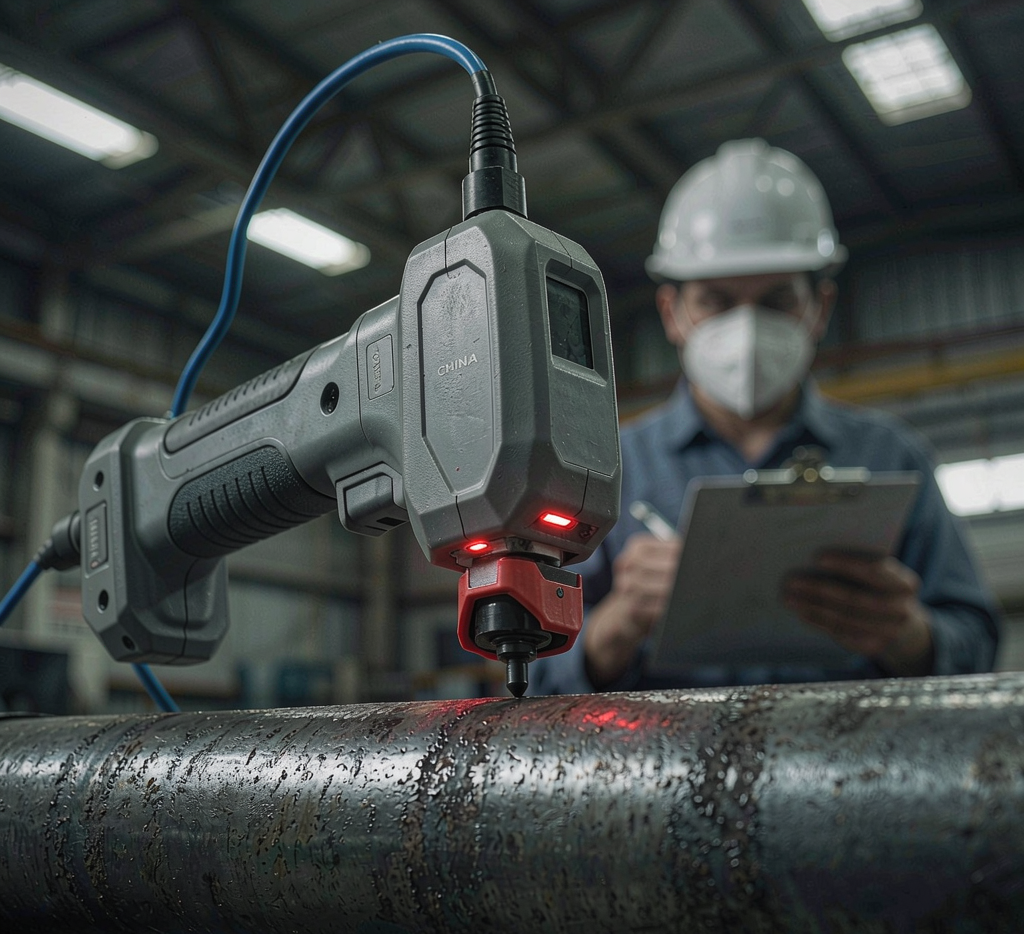 Portable spectrometer doing PMI testing on steel bar in warehouse