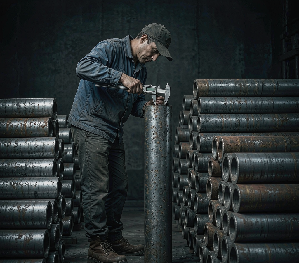 Quality control inspector measuring carbon steel bar diameter