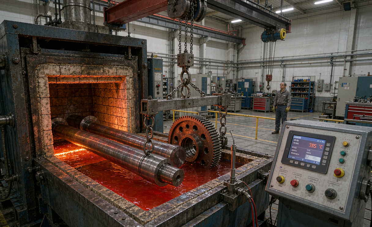 Salt bath martempering furnace with carbon steel gear shafts