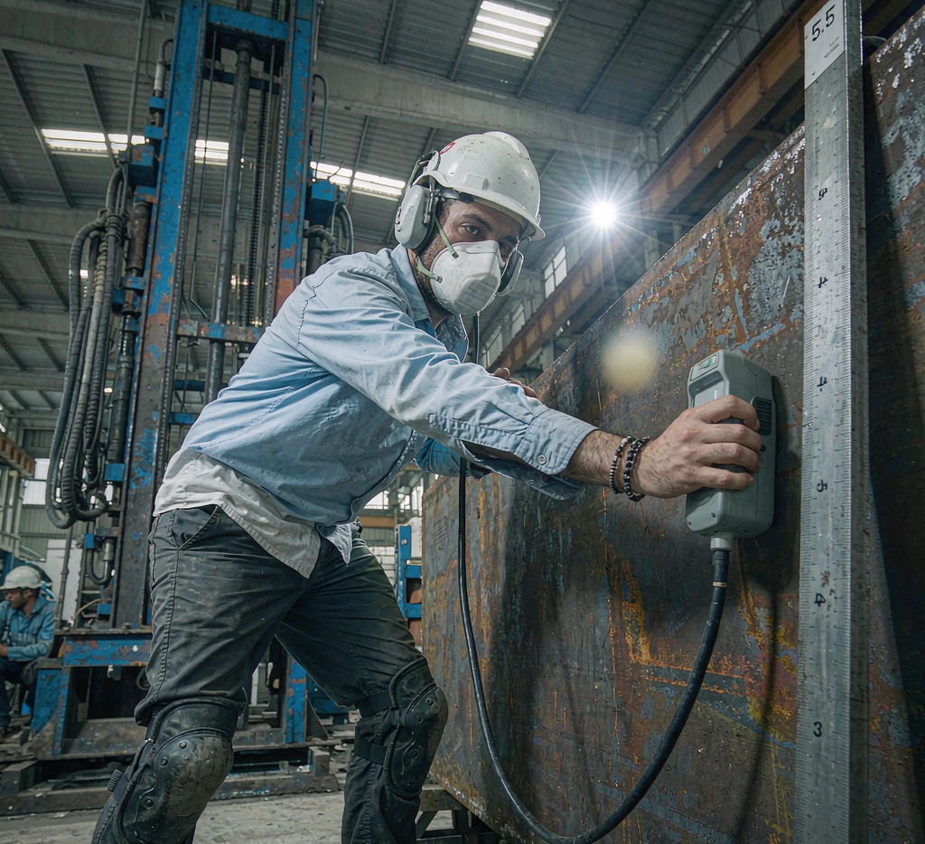Quality inspector measuring thickness of steel plate with ultrasonic gauge