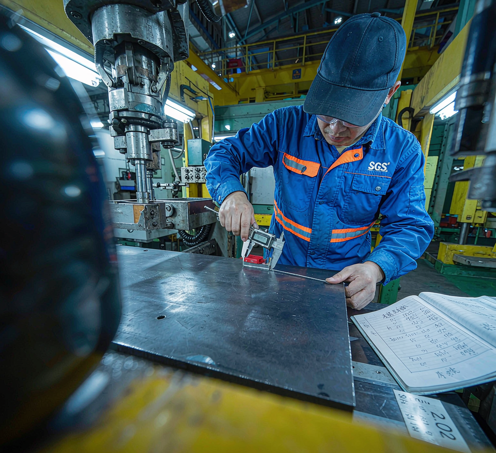 Third-party inspector checking steel plate dimensions with digital caliper