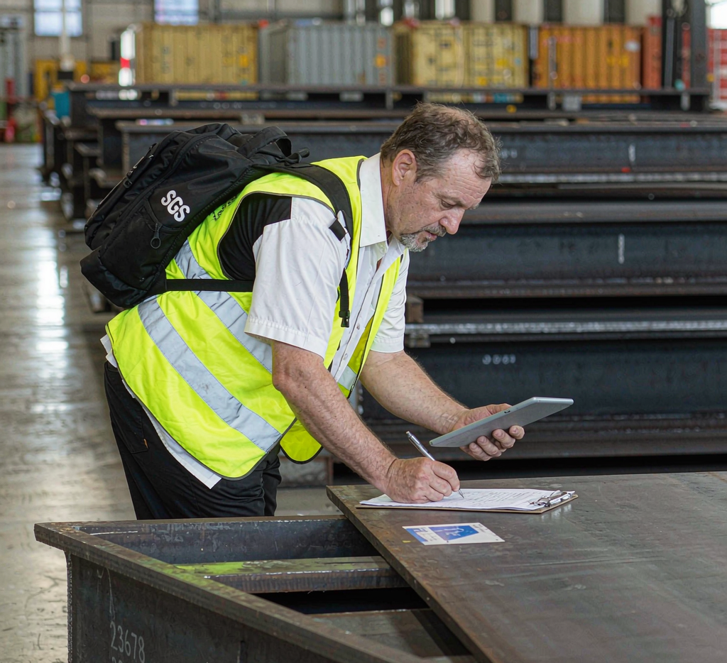 Inspector reviewing carbon steel mill test certificate type 3.1 at a steel warehouse
