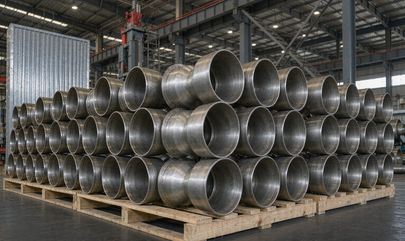 ASME B16.9 carbon steel butt weld fittings arranged in a warehouse