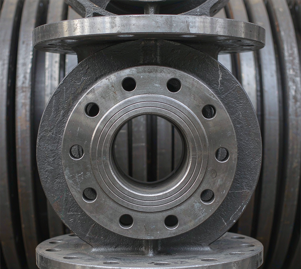Carbon steel slip-on plate flanges stacked in a workshop