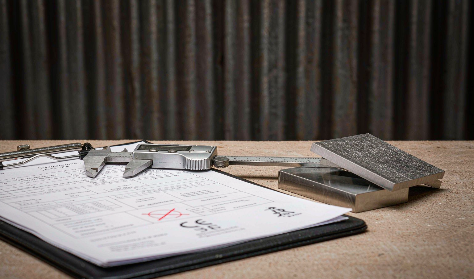 Mill test certificates and steel purchase order documents on desk