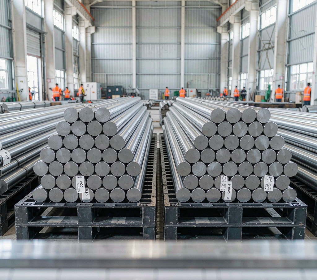 Warehouse with stacked long steel sections ready for export
