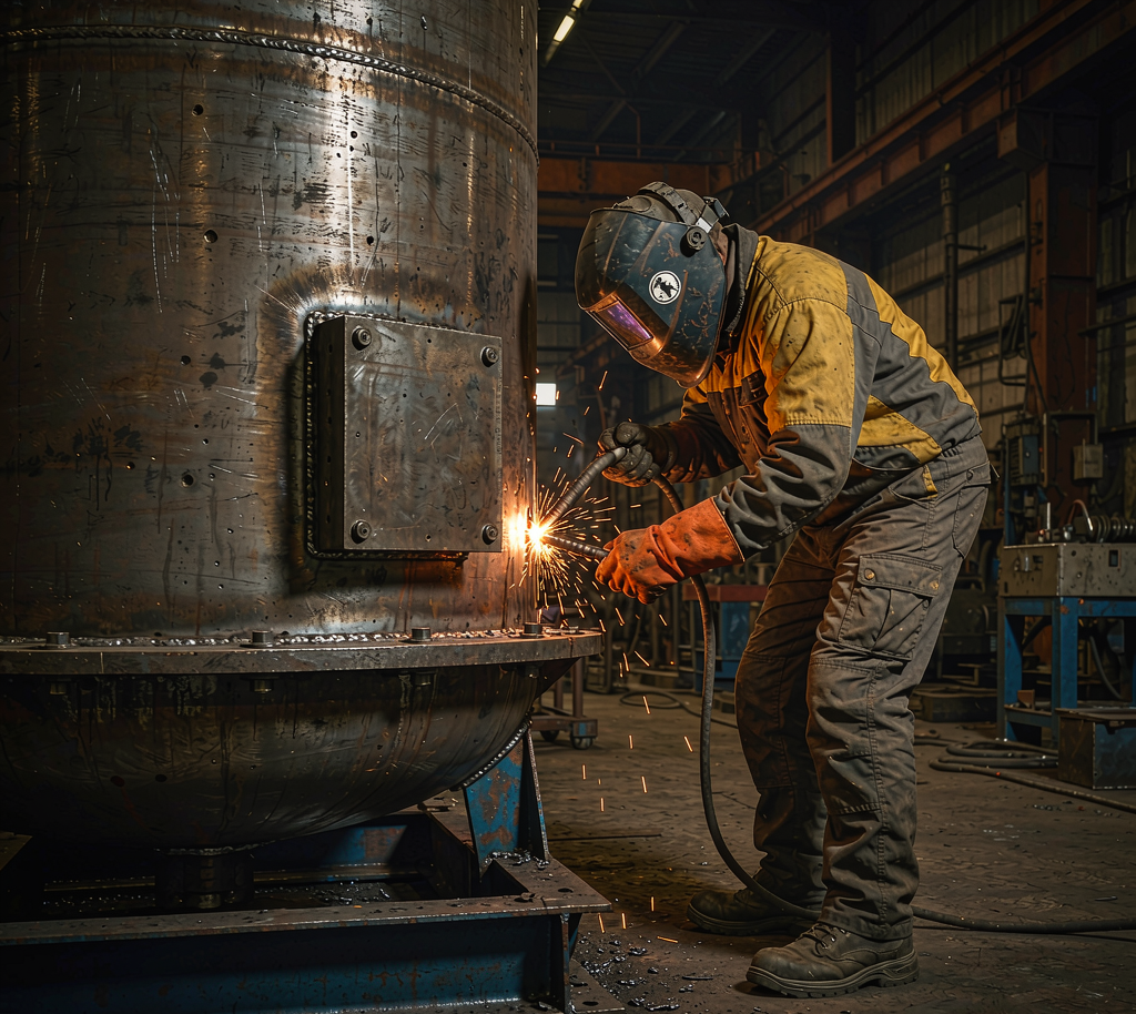 Welding structural carbon steel beams in a fabrication workshop